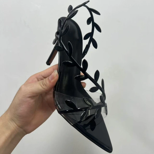 New Fashionable Elegant Temperament Gold High Heels Metal Patent Leather Leaf Thin Heels Pointed Toe Sandals with Exposed Toes - Image 5
