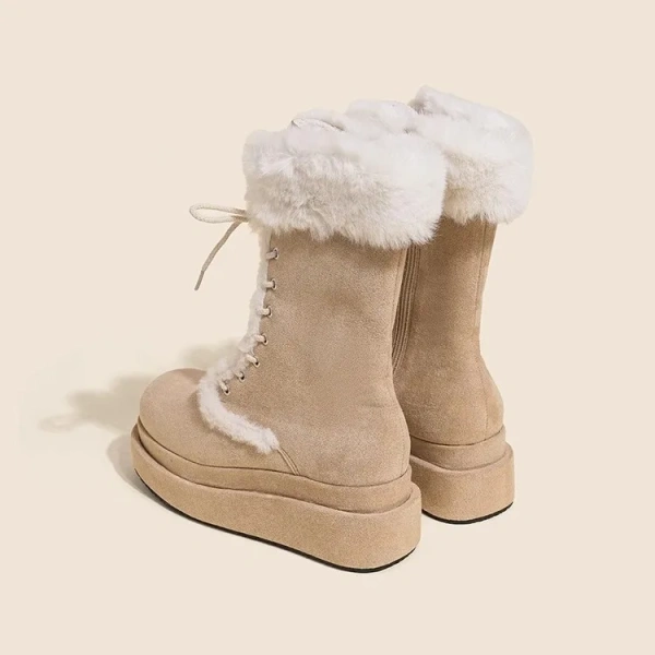 2025 New Round Head Middle Tube Lace-up Boot Skin Hair Integrated Snow Boot Thickened Plus Velvet Warm Mid-calf Knight Boot - Image 3
