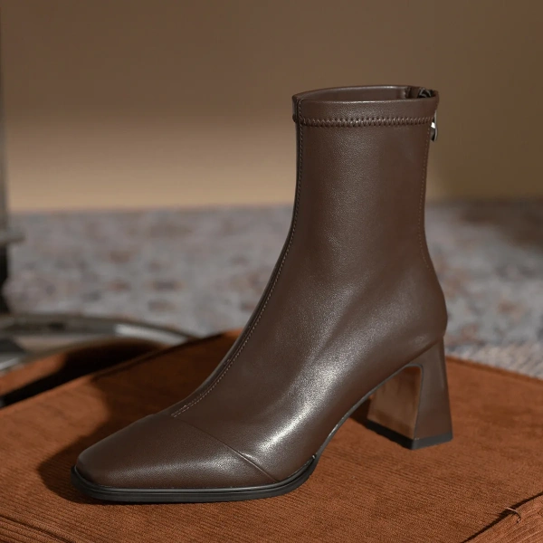 2025 New Fashion Simple Thick Heel Square Head Short Boot with Velvet Elastic Force Waterproof Upper Back High-Heel Boot - Image 4