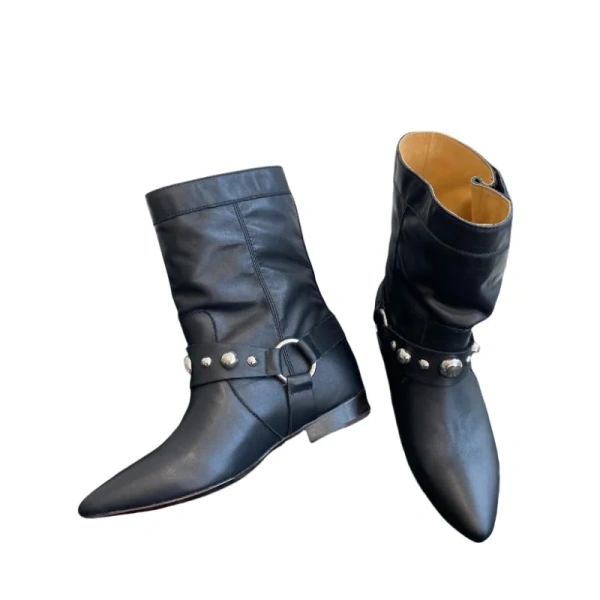 2024New Retro Rivet Wide Tube Western Cowboy Boots Pointed, Slim and Short Boots Short Tube Stacking Boots for Women Flat Bottom - Image 6