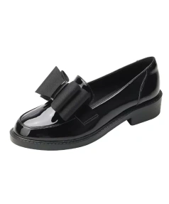 British Style Female Peas Leather Shoes Summer Vocational Work College Black Flat-bottomed Soft and Thin
