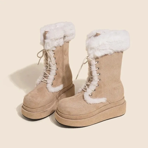 2025 New Round Head Middle Tube Lace-up Boot Skin Hair Integrated Snow Boot Thickened Plus Velvet Warm Mid-calf Knight Boot - Image 2