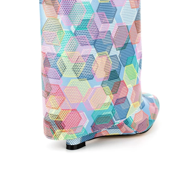 2025 Autumn Winter Lock Jewellery Geometric Print Colourful Zipper Outdoor Shopping Dating Warm Furry Wedge Heel Long Knee Boots - Image 3