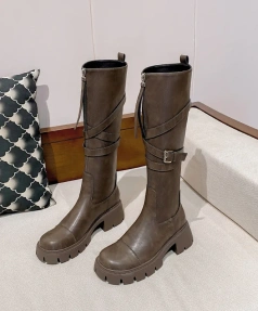 2024New Front Zipper Thick Bottom Increase Knight Boot Fashion Retro Thick Heel High Canister Boot Belt Buckle Women's Long Boot
