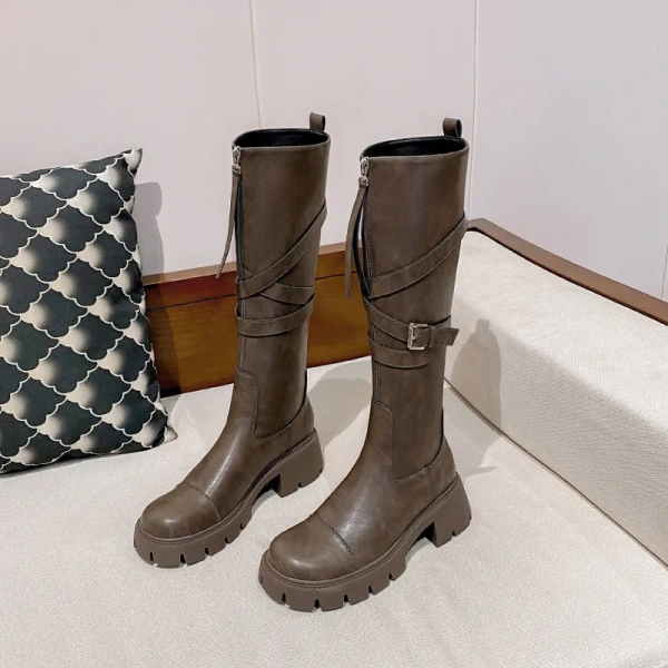 2024New Front Zipper Thick Bottom Increase Knight Boot Fashion Retro Thick Heel High Canister Boot Belt Buckle Women's Long Boot