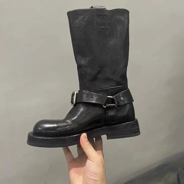 2025 New Genuine Leather Thick Soled Middle Tube Boot Simple and Sweet Retro Round Toe Thick Heel Belt Buckle Knight Boot - Image 2