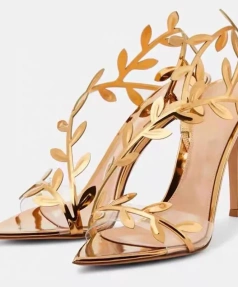 New Fashionable Elegant Temperament Gold High Heels Metal Patent Leather Leaf Thin Heels Pointed Toe Sandals with Exposed Toes