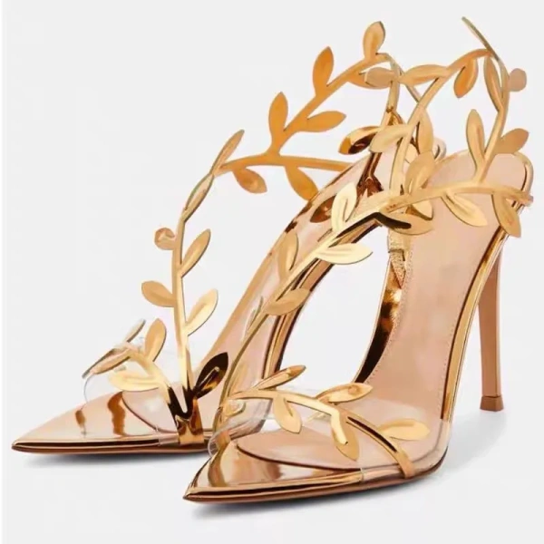 New Fashionable Elegant Temperament Gold High Heels Metal Patent Leather Leaf Thin Heels Pointed Toe Sandals with Exposed Toes
