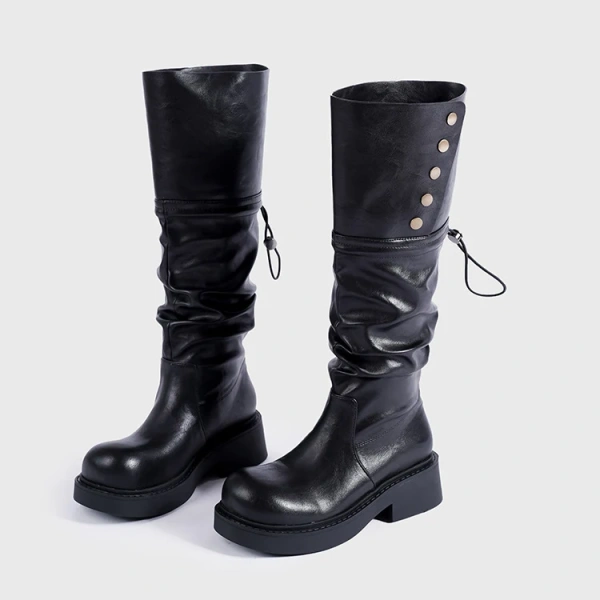 2024Autumn Winter New Fashionable Fold Two Dressed Long Canister Boot Coarse Following Round Toe Thick Bottom Not Knee Long Boot - Image 3
