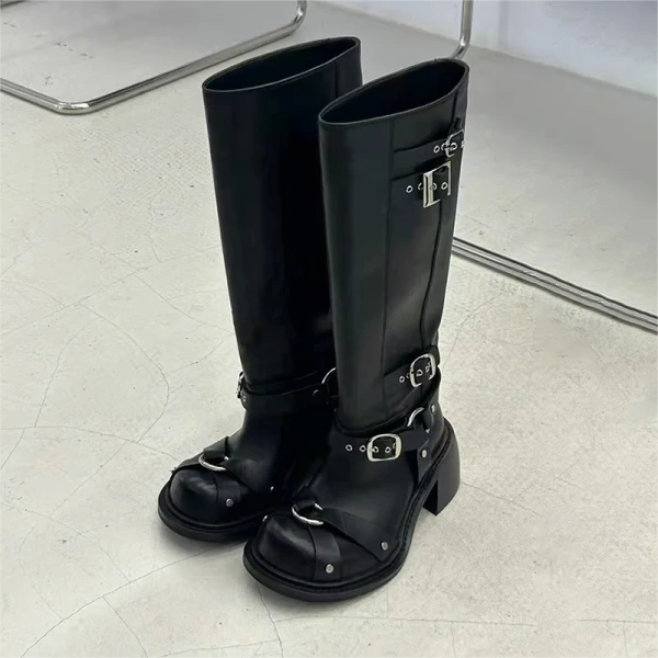 2025 New Fashionable Simple Round Head Genuine Leather Coarse Heel Long BootsRetro Low Key Sexy Party Club Commuter Tall Boot - Image 2