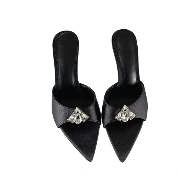 Summer New Pointed Open-toe Sandals Fashion Pearl Rhinestone One Word Drag Fine with High Heel Casual Beach Half Shoes Female