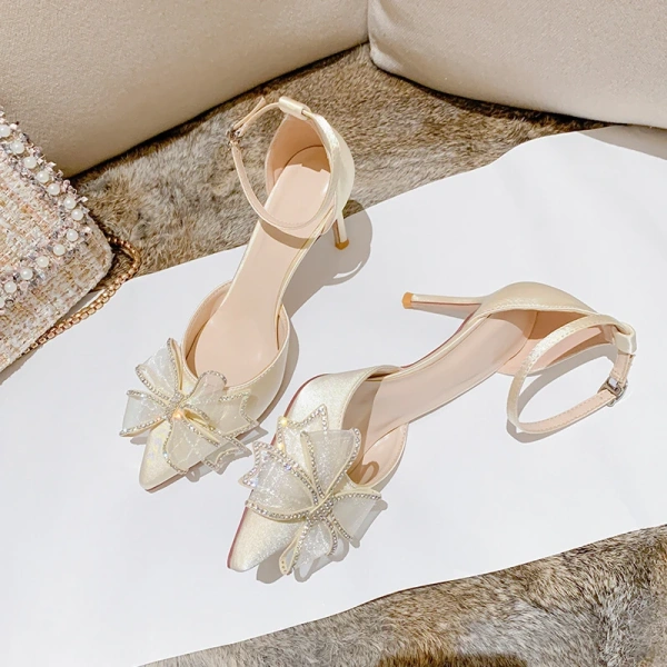 2025 New Hollow a Word with Rhinestone butterfly Wedding Shoes Fine Heel Pointed Head Baotou Fashion High-heeled Female Sandals - Image 2