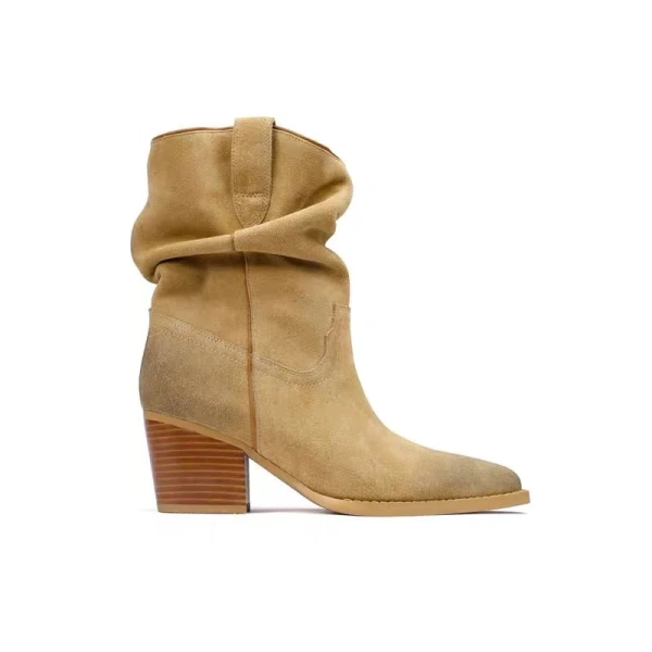 2025 Fall and Winter New Fashion Simple Cowboy Boot Brown Pointed Toe Coarse Following Mid Calf Short Canister Boot - Image 2