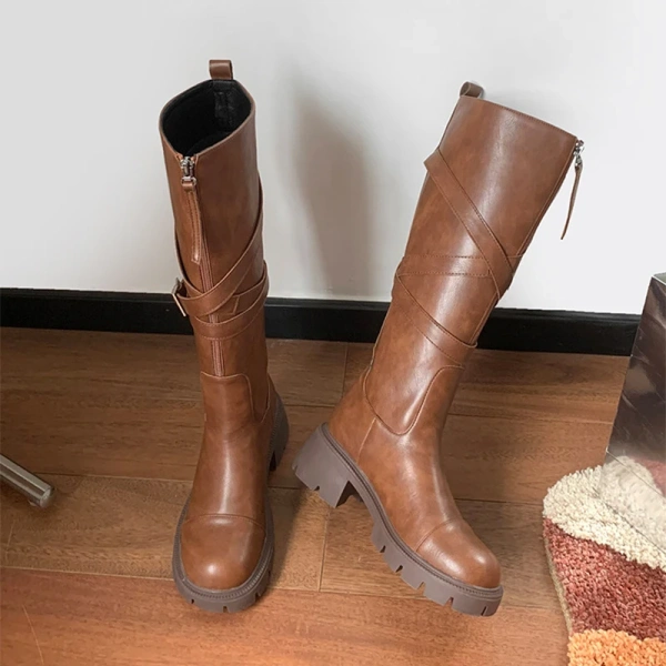 2024New Front Zipper Thick Bottom Increase Knight Boot Fashion Retro Thick Heel High Canister Boot Belt Buckle Women's Long Boot - Image 3
