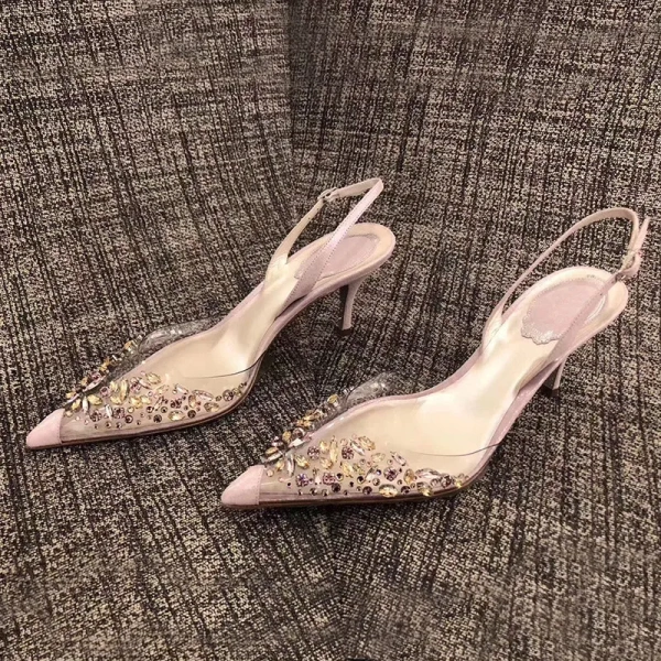 2025 Fashionable Transparent Rhinestones Pointed Shallow Mouth Slim Heeled Sandals Baotou Toe One Word Strap High-heeled Shoes - Image 2