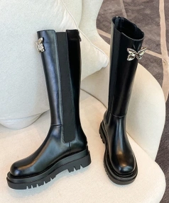 2025 Autumn and Winter Fashion Simple Bow Not Over the Knee Knee High Tube Knight Boot Round Toe Chunky Heel Long Boot