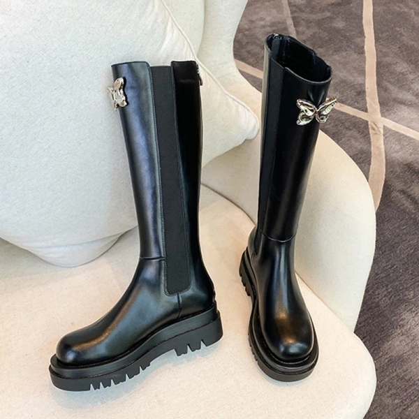 2025 Autumn and Winter Fashion Simple Bow Not Over the Knee Knee High Tube Knight Boot Round Toe Chunky Heel Long Boot