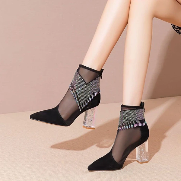 2025 European American Fashion Luxury Rhinestone Mesh Gauze Short Boot Thick Heels Pointed  Hollow Out High-heeled Sandals - Image 3