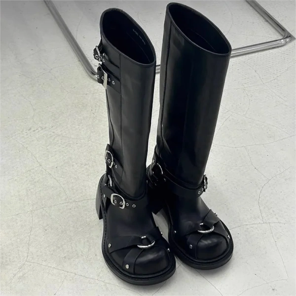 2025 New Fashionable Simple Round Head Genuine Leather Coarse Heel Long BootsRetro Low Key Sexy Party Club Commuter Tall Boot - Image 3
