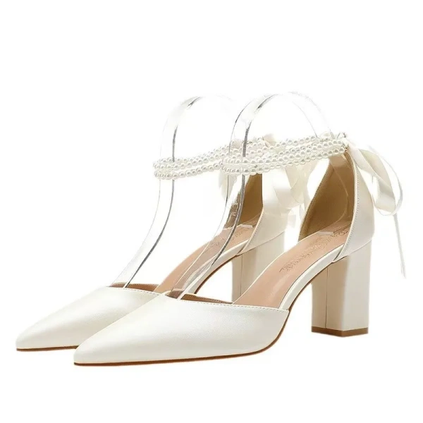 Women's Summer Fashion Sandals with Pointed Shallow Heels Height Increasing Soft Sexy Pearl Word Design - Image 5