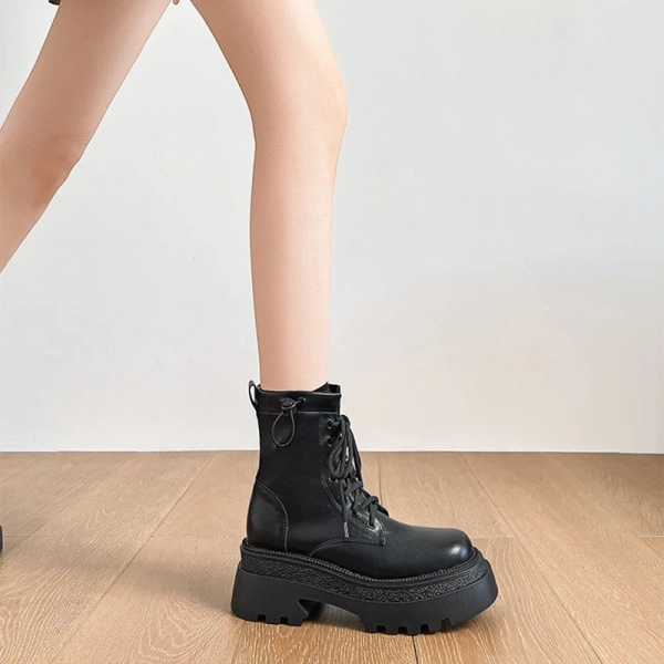 2025 Autumn Winter New Fashionable Retro Round Toe Lace up High-heeled Short Boot Waterproof Platform Thick Heel Short Tube Boot - Image 4