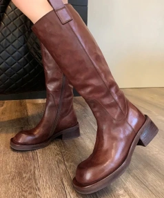 2025 Winter New Fashion Retro Commute Thick Heel Long Canister Long Boots Round Head Leather High Barrel Chelsea Long Boots