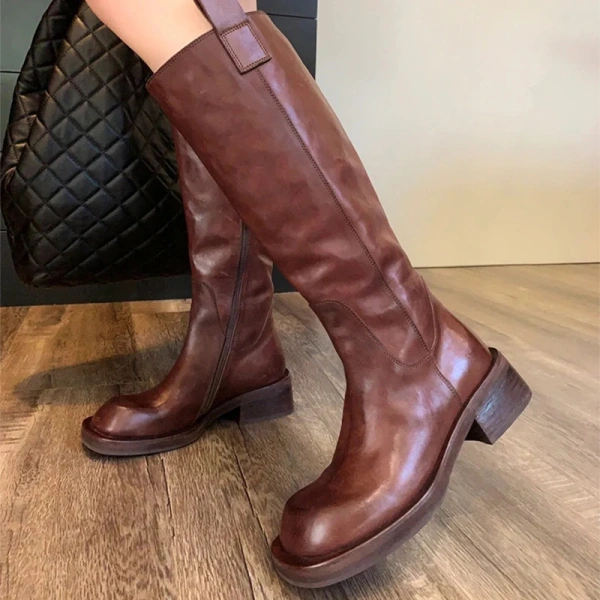 2025 Winter New Fashion Retro Commute Thick Heel Long Canister Long Boots Round Head Leather High Barrel Chelsea Long Boots