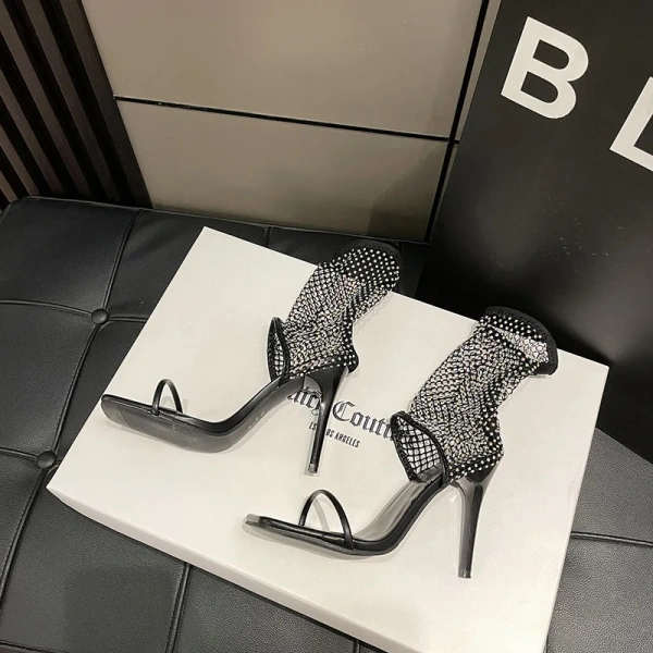 Fine Heel Fish Mouth Rhinestone Sandals Boots Summer New 2025 Elastic Fishing Net Hollow Fashion Banquet Sensual Women's Sandals - Image 2