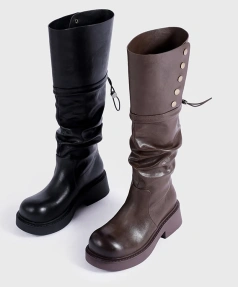 2024Autumn Winter New Fashionable Fold Two Dressed Long Canister Boot Coarse Following Round Toe Thick Bottom Not Knee Long Boot