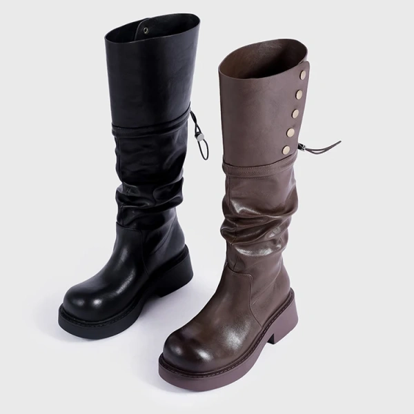2024Autumn Winter New Fashionable Fold Two Dressed Long Canister Boot Coarse Following Round Toe Thick Bottom Not Knee Long Boot