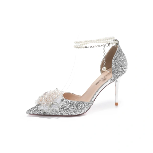 Xinzirain High Heels Pumps Shoes Pointed Toe Wedding Stiletto Pearl Rhinestone Lace Ankle Strap Solid Bridal Shoes Summer - Image 2