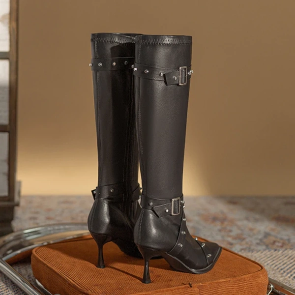 2025 New Fashionable Personalized Rivet Rivet Belt Buckle Stiletto High Heels Long Boot Soft Comfortable Cowboy Boot High Boot - Image 4