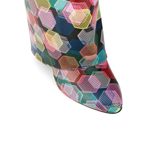 2025 Autumn Winter Lock Jewellery Geometric Print Colourful Zipper Outdoor Shopping Dating Warm Furry Wedge Heel Long Knee Boots - Image 5