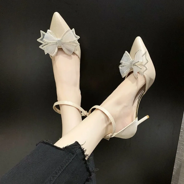2025 New Hollow a Word with Rhinestone butterfly Wedding Shoes Fine Heel Pointed Head Baotou Fashion High-heeled Female Sandals - Image 6