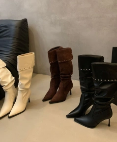 2025 New Fashions Personality Rivets High-heeled Knight Boot Soft Comfortable Women's Boot Pointed Fine High-heeled Long Boot
