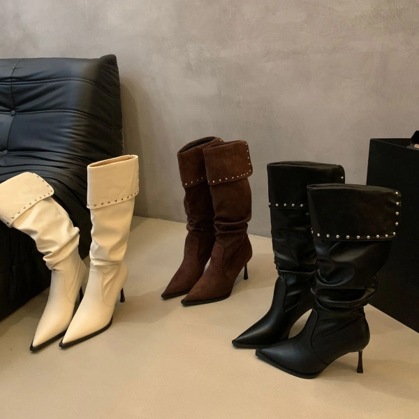 2025 New Fashions Personality Rivets High-heeled Knight Boot Soft Comfortable Women's Boot Pointed Fine High-heeled Long Boot