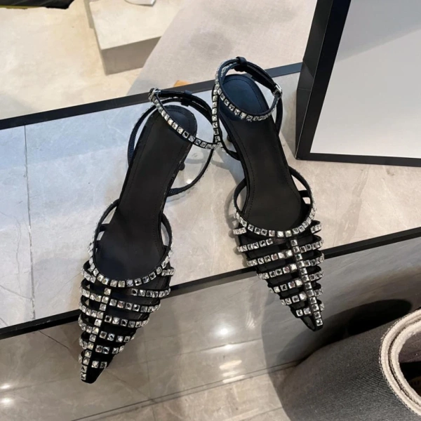 European and American Sexy Hollow Pointed Straight Buckle High-heeled Shoes Luxury Fashion Banquet Rhinestone Toe Hollow Sandals - Image 3