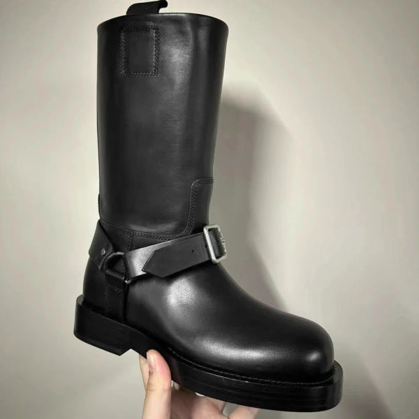 2025 New Genuine Leather Thick Soled Middle Tube Boot Simple and Sweet Retro Round Toe Thick Heel Belt Buckle Knight Boot - Image 3