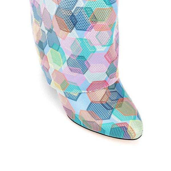 2025 Autumn Winter Lock Jewellery Geometric Print Colourful Zipper Outdoor Shopping Dating Warm Furry Wedge Heel Long Knee Boots - Image 2