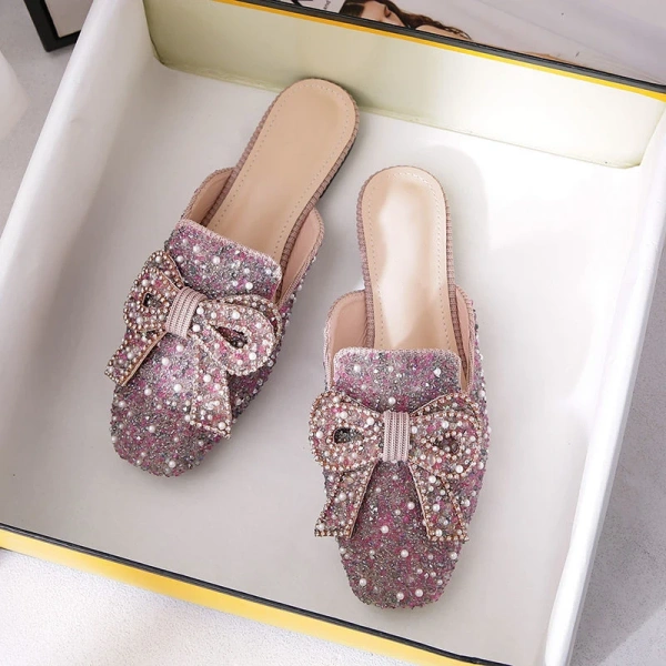 2025 Fashionable, Sweet and Elegant Bow Baotou Half Slippers, Sexy and Luxurious Pearl Water Diamond Flat Beach Sandals - Image 4