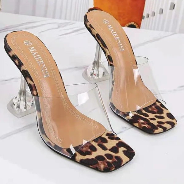 2025 New Popular Crystal With Slippers Women Transparent Tape Leopard Print Ultra High Heeled Flip-Flops Lighted Heeled Sandals - Image 5