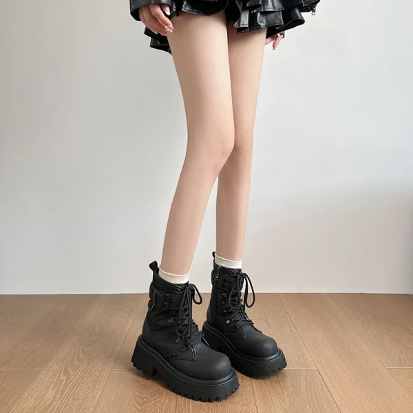Autumn Winter New Fashionable Retro Round Toe Lace up Middle Heel Short Boot Belt Buckle Thick Heel Thick Bottom Motorcycle Boot - Image 2