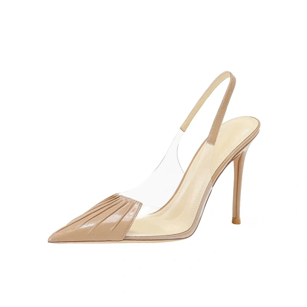 2025 Summer High Heeled Women's European American Style Sandals Transparent Straight Strap Pleated French Toes Back Position - Image 2