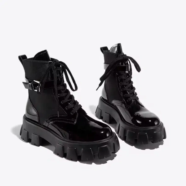 2025 Winter British Style Motorcycle Boots Waterproof New Patent Leather Pocket Bag Short Boots Lace Thick Soled Sponge Shoes - Image 2