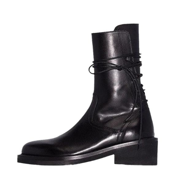 2025 Trend Yicheng Boots Leather Cowhide Lace up Zipper Boots Nightclub Outdoor Round Toe Chunky High Heel Platform Korean Boots - Image 2
