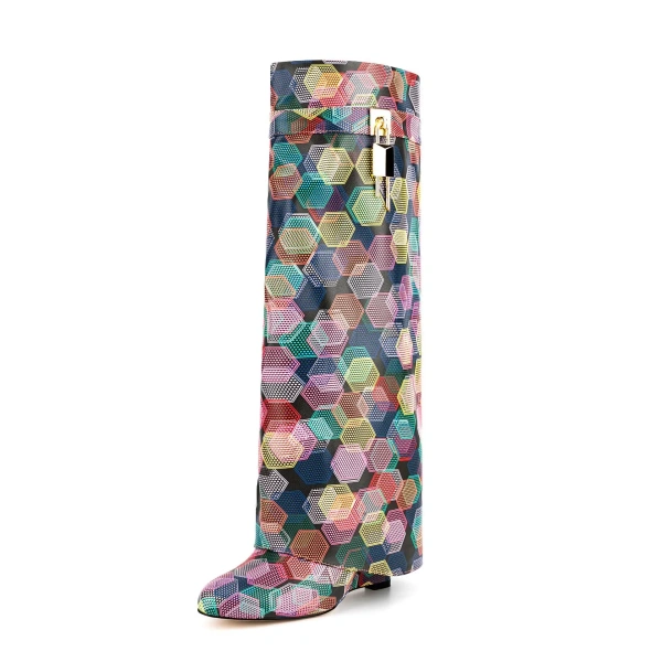 2025 Autumn Winter Lock Jewellery Geometric Print Colourful Zipper Outdoor Shopping Dating Warm Furry Wedge Heel Long Knee Boots - Image 4