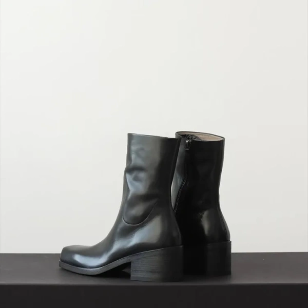 2025 Fashion New Simple Personality square Head Chunky Heel Mid-calf Boots Fashion Retro Really Leather Side Zipper Knight Boots - Image 3