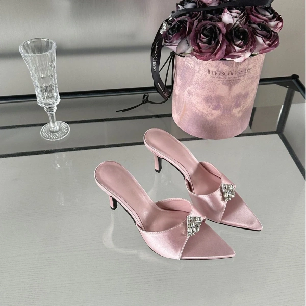 Summer New Pointed Open-toe Sandals Fashion Pearl Rhinestone One Word Drag Fine with High Heel Casual Beach Half Shoes Female - Image 3