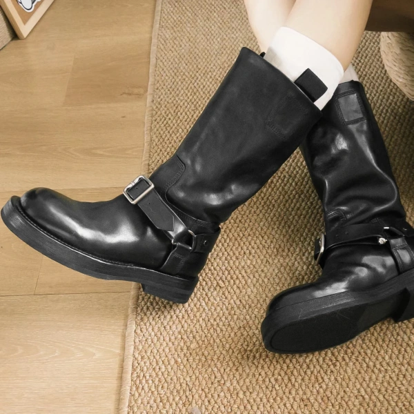 2025 New Genuine Leather Thick Soled Middle Tube Boot Simple and Sweet Retro Round Toe Thick Heel Belt Buckle Knight Boot - Image 6