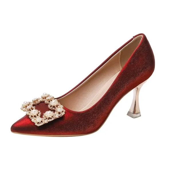 He Xiu Women's Red Wedding High Heels Slip-On Pointed Spring Autumn Bride Shoes-Not Tired of Wearing for Weddings - Image 2
